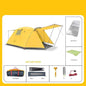 Yellow four-person outdoor camping tent by Mead's Supply & Equipment Outfitters, set up in a scenic outdoor camping area.