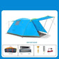Yellow four-person outdoor camping tent by Mead's Supply & Equipment Outfitters, set up in a grassy outdoor environment.