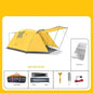 Yellow four-person outdoor camping tent by Mead's Supply & Equipment Outfitters, set up in a scenic outdoor camping area.