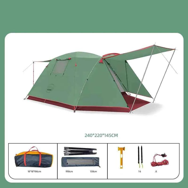 Yellow four-person outdoor camping tent from Mead's Supply & Equipment Outfitters, set up in a forest for camping.