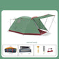 Yellow four-person outdoor camping tent from Mead's Supply & Equipment Outfitters, set up in a forest for camping.