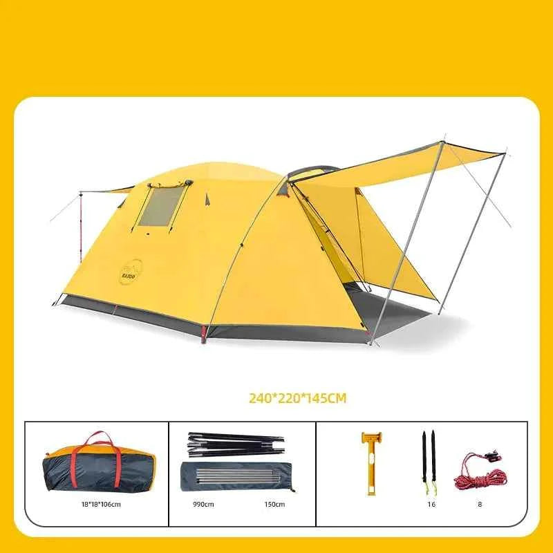 Yellow four-person outdoor camping tent from Mead's Supply & Equipment Outfitters, set up in a scenic outdoor camping area