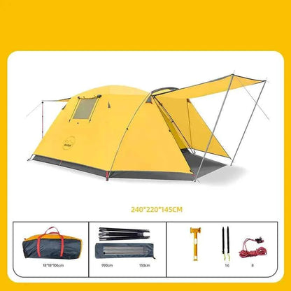Yellow four-person outdoor camping tent from Mead's Supply & Equipment Outfitters, set up in a scenic outdoor camping area
