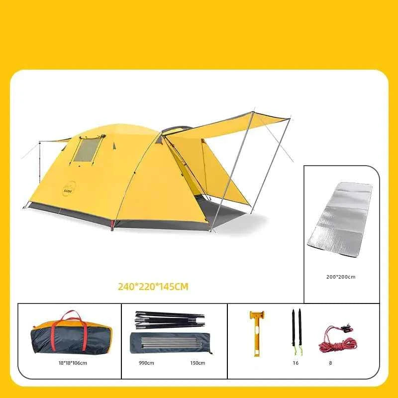 Yellow four-person outdoor camping tent by Mead's Supply & Equipment Outfitters, set up in a natural outdoor setting.