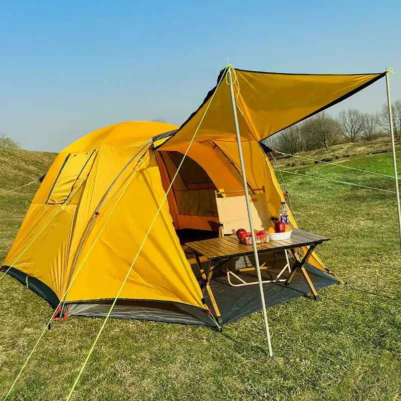 Yellow four-person outdoor camping tent from Mead's Supply & Equipment Outfitters, durable camping gear for outdoor adventures.