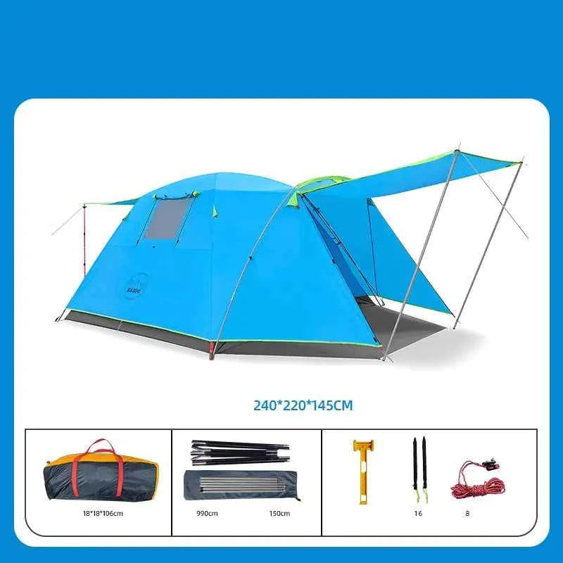 Yellow four-person outdoor camping tent by Mead's Supply & Equipment Outfitters, set up in a scenic natural environment.