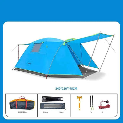 Yellow four-person outdoor camping tent by Mead's Supply & Equipment Outfitters, set up in a scenic natural environment.