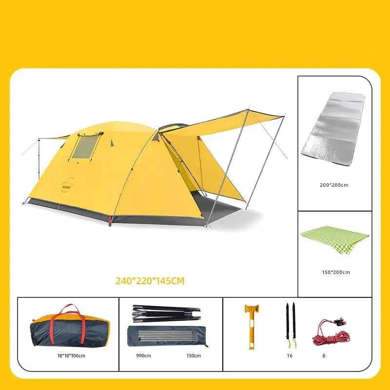Yellow four-person outdoor camping tent by Mead's Supply & Equipment Outfitters, set up in a natural outdoor environment.
