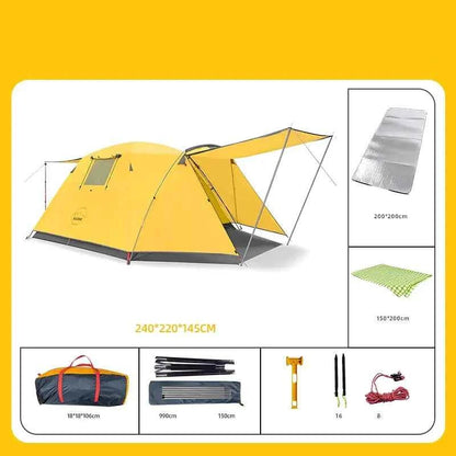 Yellow four-person outdoor camping tent by Mead's Supply & Equipment Outfitters, set up in a natural outdoor environment.