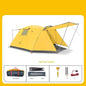 Yellow four-person outdoor camping tent by Mead's Supply & Equipment Outfitters, set up in a forest setting for camping.