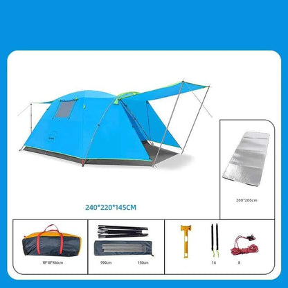 Yellow four-person outdoor camping tent by Mead's Supply & Equipment Outfitters, set up in a natural camping environment.