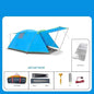 Yellow four-person outdoor camping tent by Mead's Supply & Equipment Outfitters, set up in a scenic outdoor camping area.