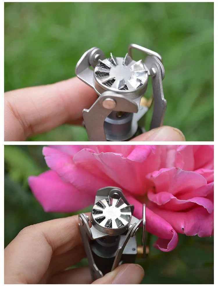 Portable BRS-3000T Titanium Gas Stove for camping and hiking, compact outdoor stove with metal burner and control valve.