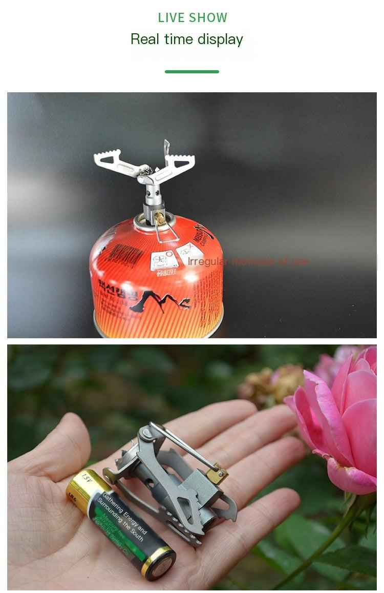 Portable outdoor titanium gas stove from Mead's Supply & Equipment Outfitters, suitable for camping and hiking adventures.