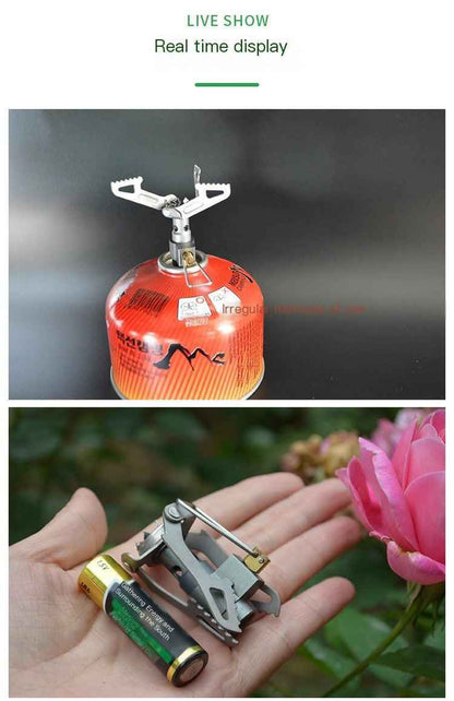 Portable outdoor titanium gas stove from Mead's Supply & Equipment Outfitters, suitable for camping and hiking adventures.