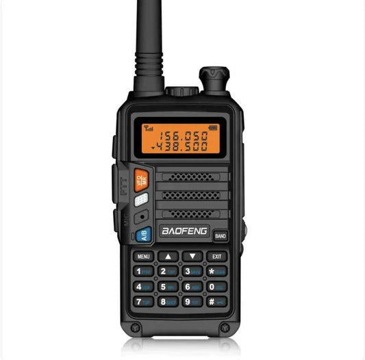 Black UV10R FM Walkie-Talkie by Mead's Supply & Equipment Outfitters, compact communication device with antenna and control buttons