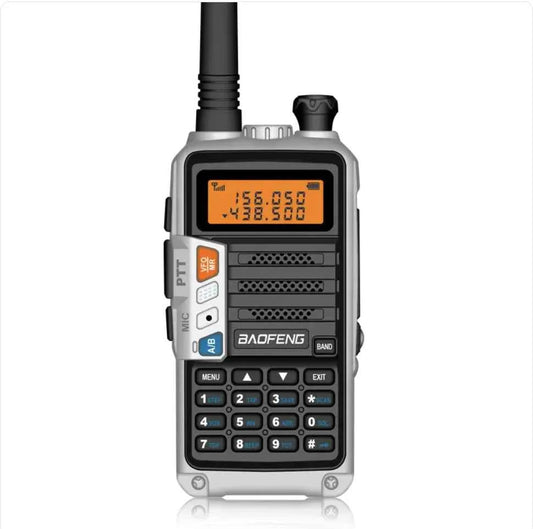 Black UV10R FM Walkie-Talkie from Mead's Supply & Equipment Outfitters, handheld communication device with antenna and control buttons.