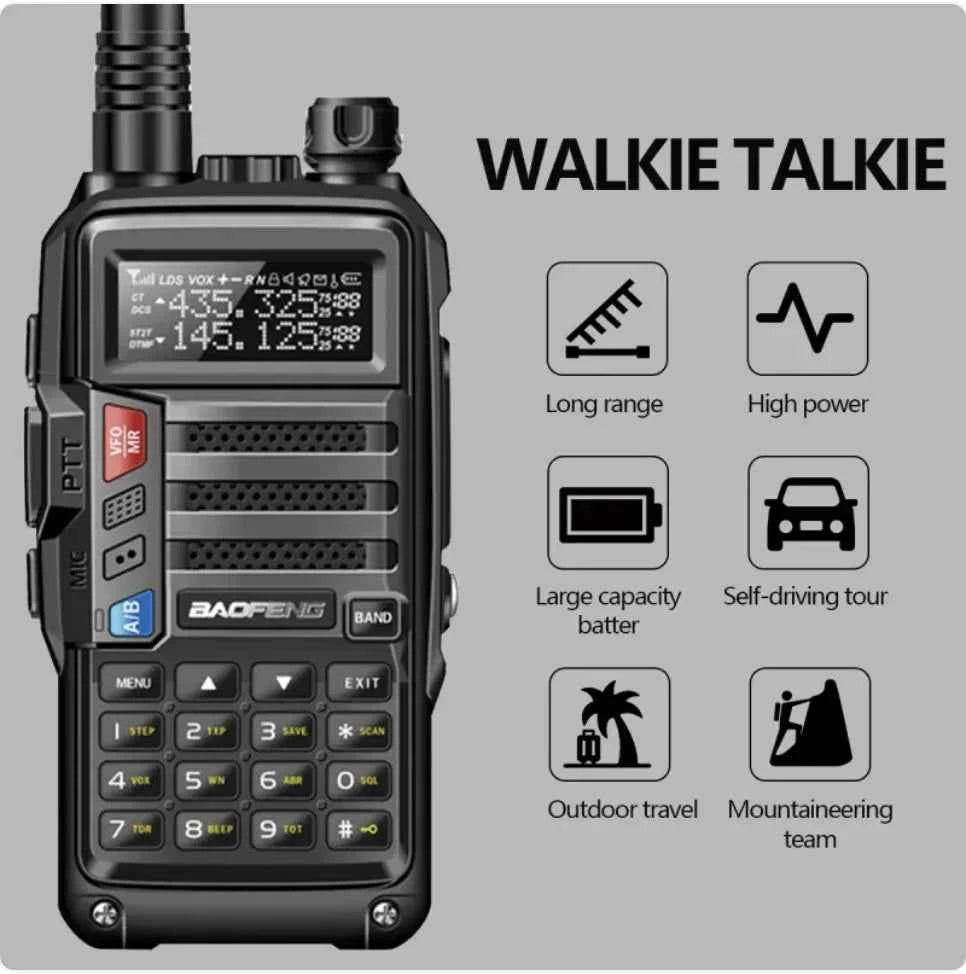 Black UV10R FM Walkie-Talkie from Mead's Supply & Equipment Outfitters, a compact communication device with antenna and control buttons.