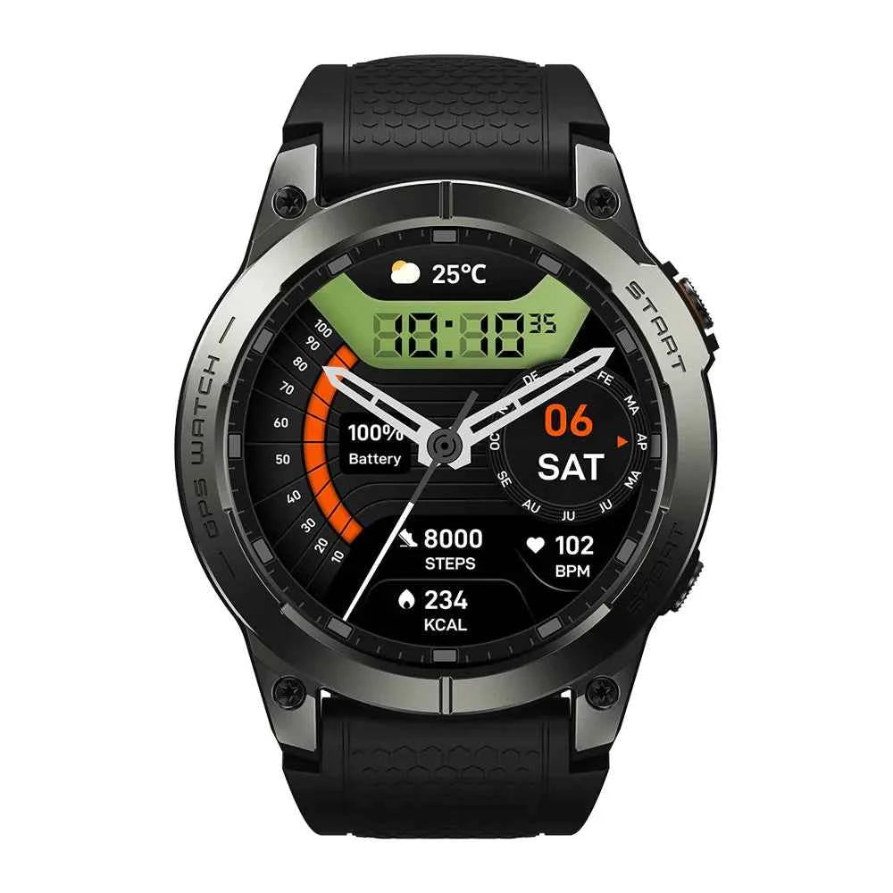 Black GPS sport smart watch by Mead's Supply, waterproof fitness tracker with AMOLED display, heart rate, and sleep monitoring features.