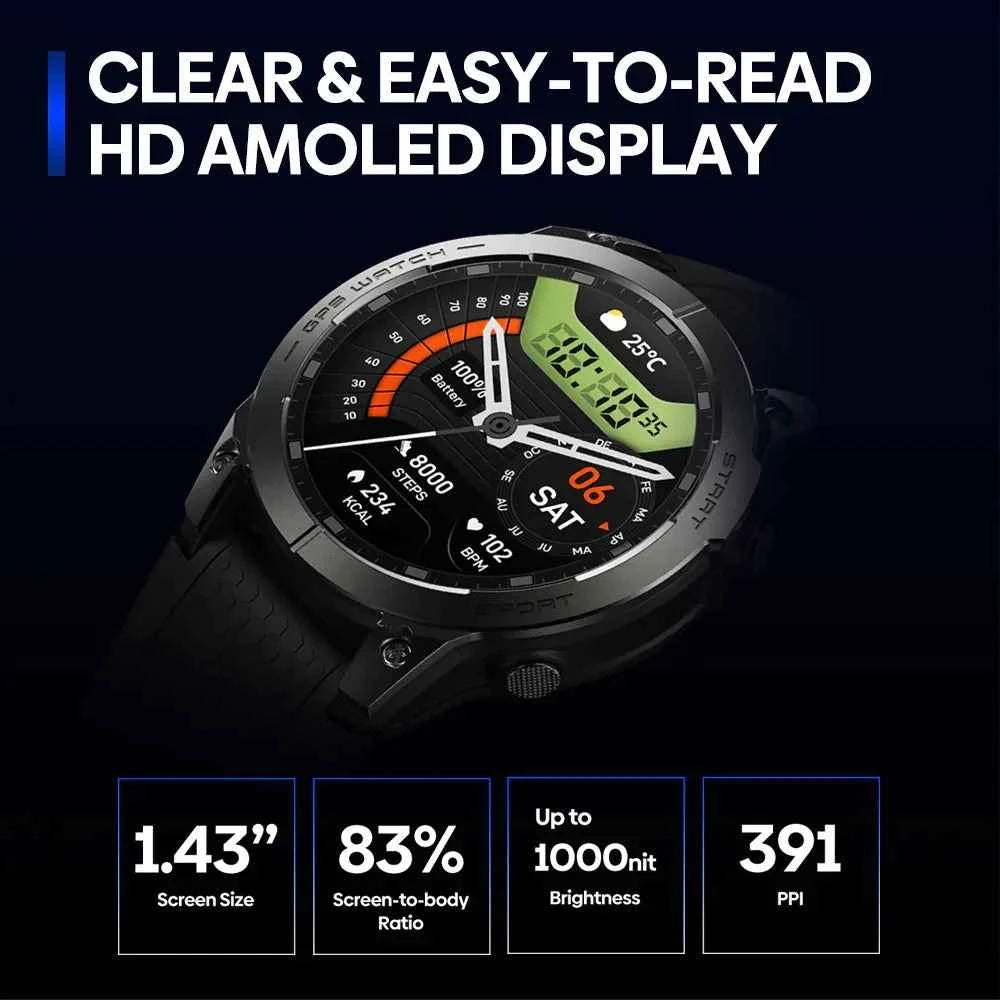 Mead's Supply & Equipment Outfitters GPS sport smart watch with waterproof design, AMOLED display, heart rate and sleep monitoring.