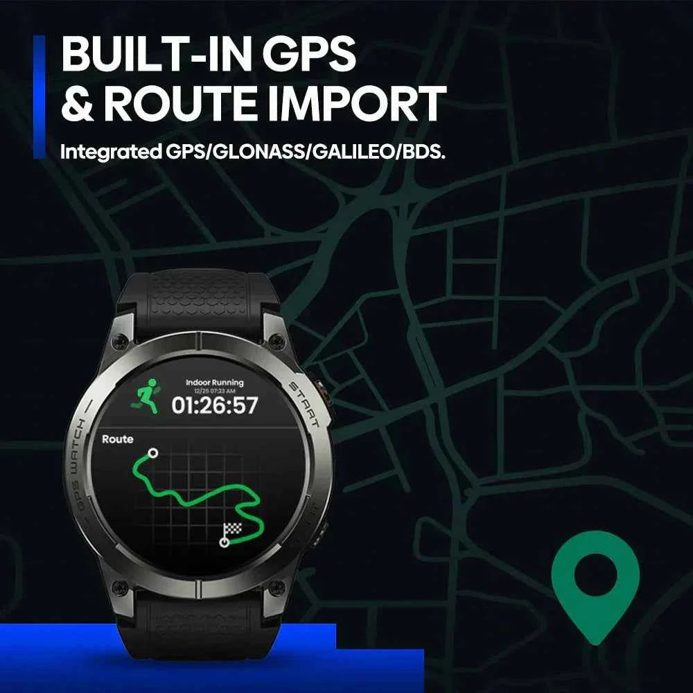 Black GPS sport smart watch with AMOLED display, waterproof fitness tracker, heart rate, and sleep monitor by Mead's Supply.