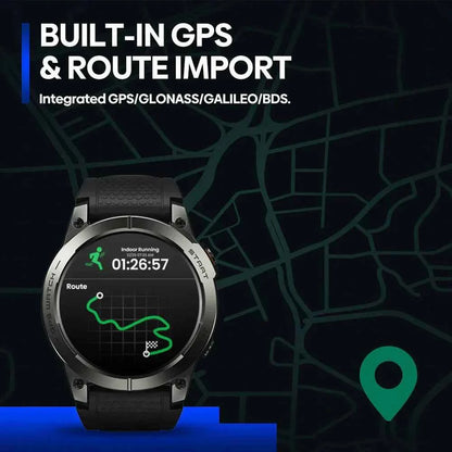 Black GPS sport smart watch with AMOLED display, waterproof fitness tracker, heart rate, and sleep monitor by Mead's Supply.