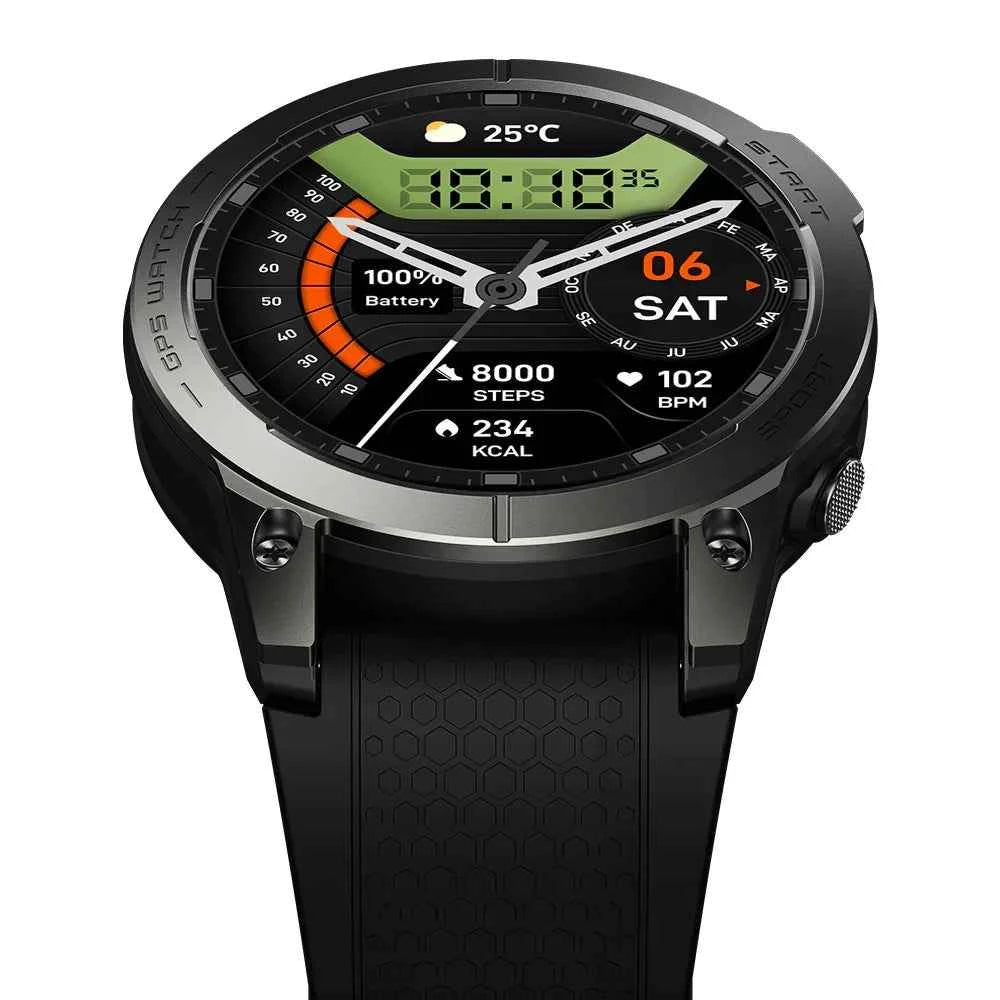 Black GPS sport smart watch by Mead's Supply with waterproof design, fitness tracker, heart rate and sleep monitor, AMOLED display.