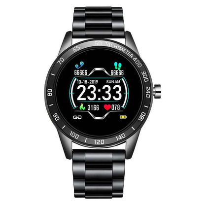 Multi-functional smart watch with steel band in black, gold, and silver, featuring a business-style alloy case by Mead's Supply.