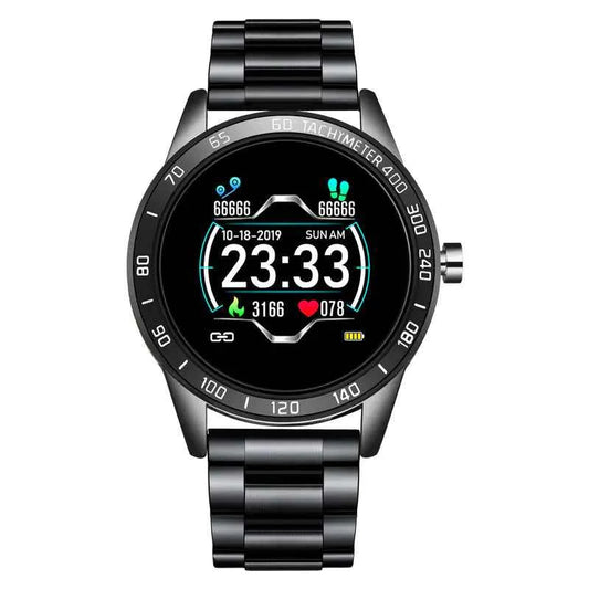 Multi-functional smart watch with steel band in black, gold, and silver, featuring a business-style alloy case by Mead's Supply.