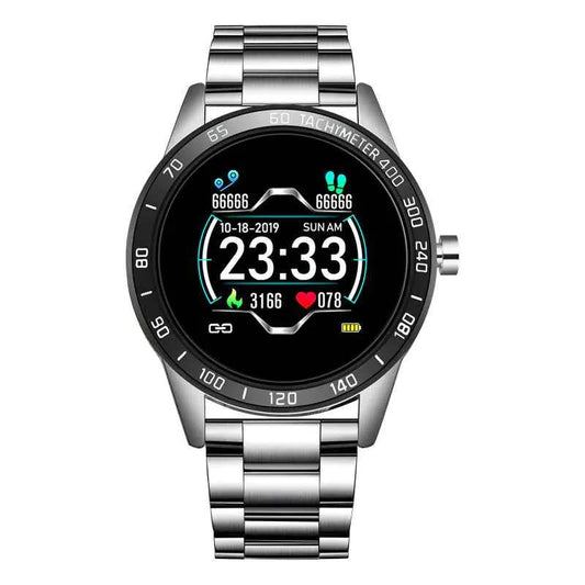Multi-functional smart watch with steel band, alloy case in black, gold, and silver, designed for business-style electronics accessories.