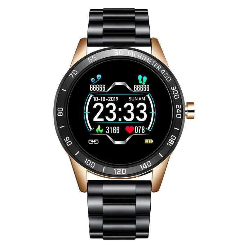 Multi-functional smart watch with steel band in black, gold, or silver featuring a business-style alloy case by Mead's Supply & Equipment.