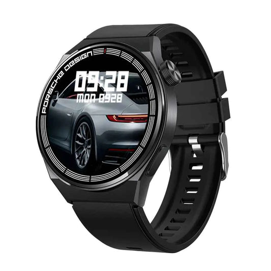 Black wireless charger and sport smart watch from Mead's Supply, with heart rate monitor, Bluetooth calling, health tracking, and 7-day battery