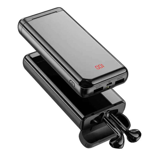 Black Mead's Supply Bluetooth headphones with built-in power bank, 10,000mAh capacity, display, stereo sound, and wireless connectivity.