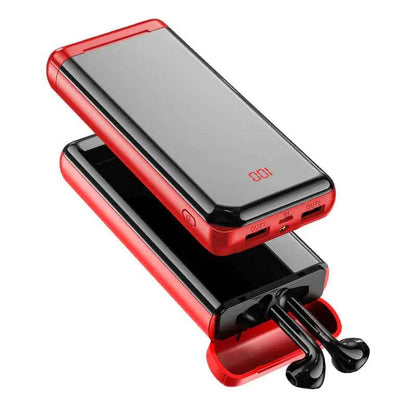 Black Bluetooth headphones with built-in power bank, 10,000mAh capacity, display, stereo sound, from Mead's Supply & Equipment Outfitters.