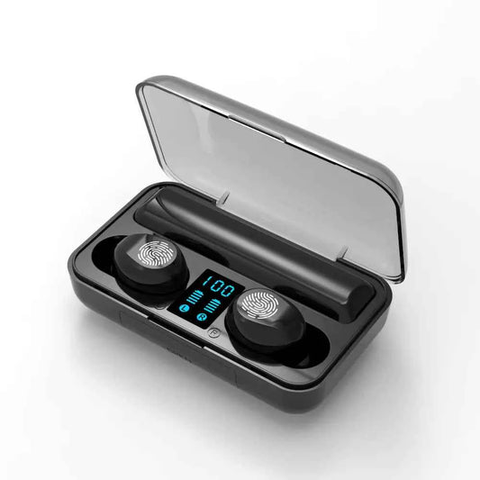 Black F9 Bluetooth headphones with touch control and battery display from Mead's Supply & Equipment Outfitters limited, close-up view.