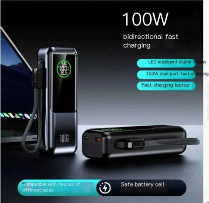 Black high-capacity fast charging power bank from Mead's Supply & Equipment Outfitters, model A57, with USB ports and LED indicators.