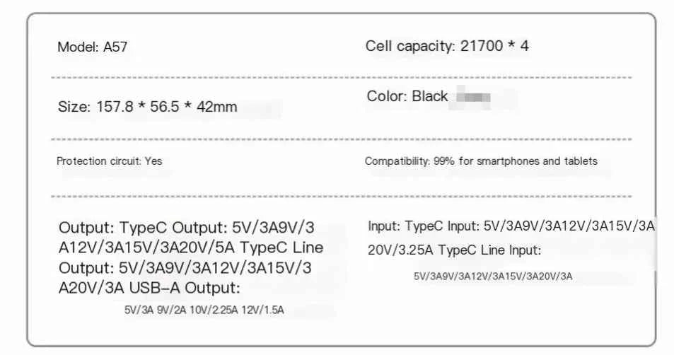 Black high-capacity fast charging power bank from Mead's Supply & Equipment Outfitters, Model A57, with multiple USB ports for quick charging.