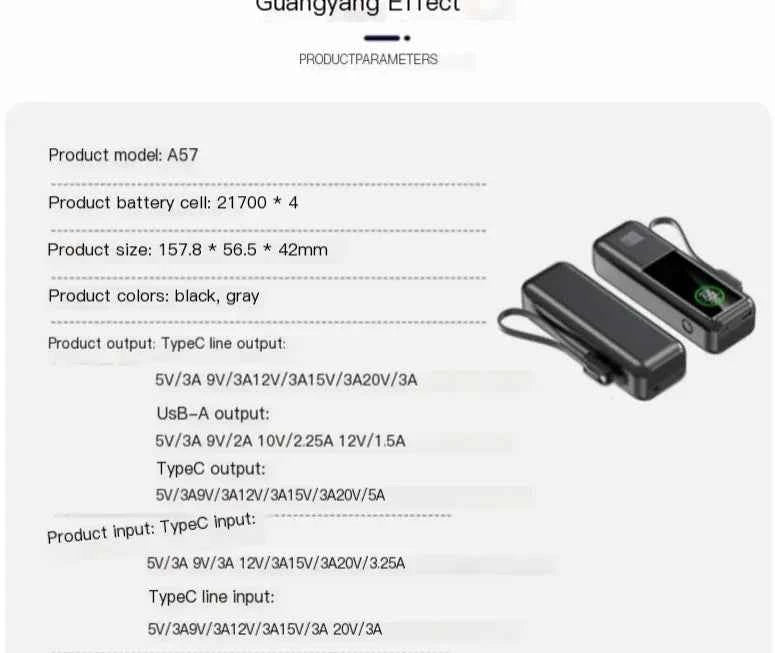 Black high-capacity fast charging power bank by Mead's Supply & Equipment Outfitters, model A57, with USB ports and digital display.
