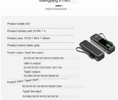 Black high-capacity fast charging power bank by Mead's Supply & Equipment Outfitters, model A57, with USB ports and digital display.