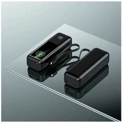 Black high-capacity fast charging power bank from Mead's Supply & Equipment Outfitters, Model A57, with multiple USB ports for electronics.