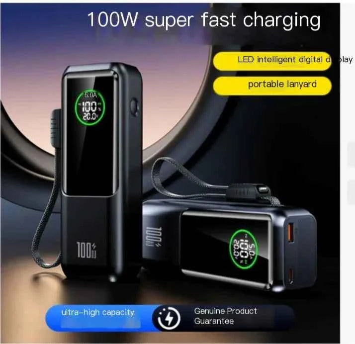 Black high-capacity fast charging power bank from Mead's Supply & Equipment Outfitters, model A57, with multiple USB ports and digital display.