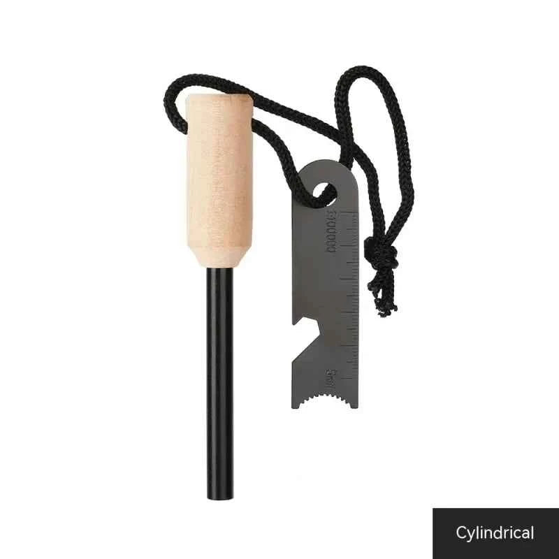 Portable Mead's Supply & Equipment Outfitters fire starter with cylindrical flint for outdoor camping and camping equipment use.