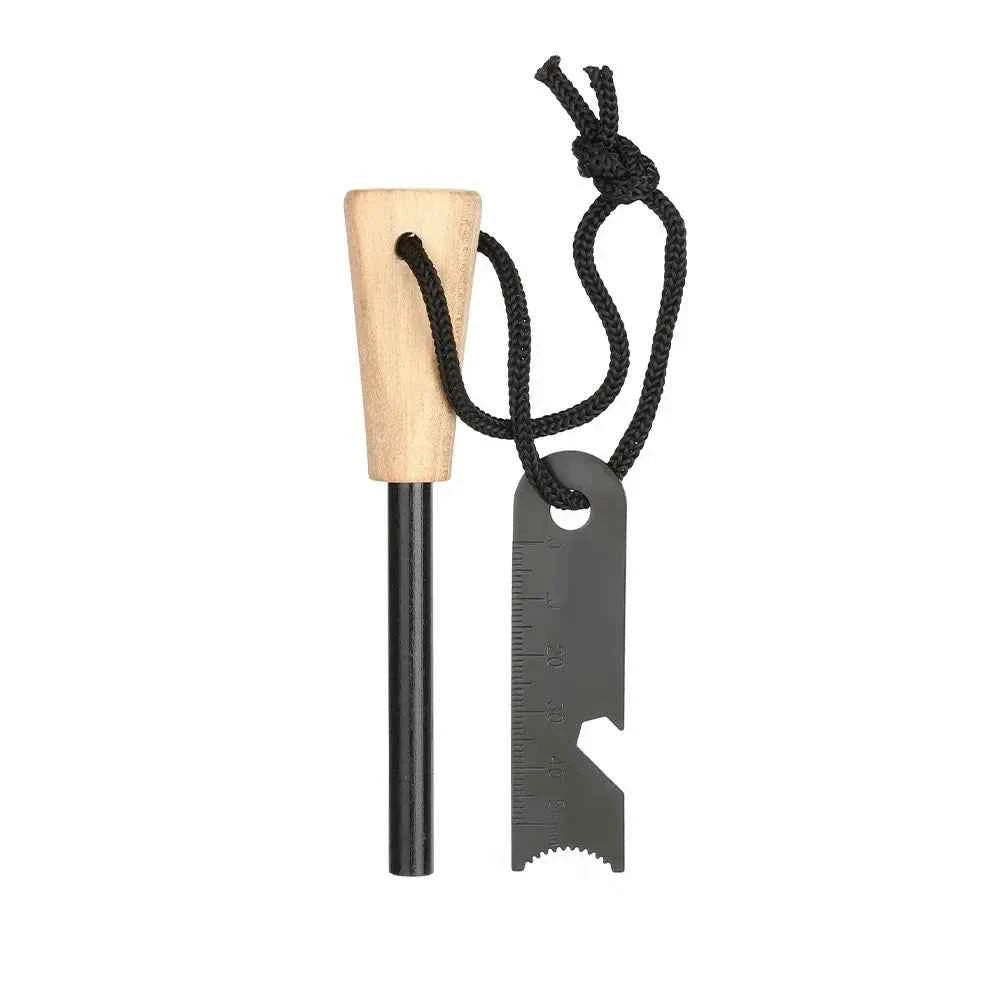 Portable Mead's Supply & Equipment Outfitters fire starter with cylindrical flint for outdoor camping and camping equipment.