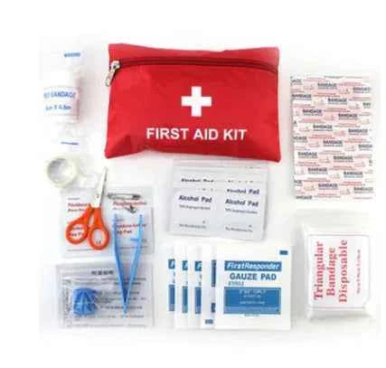 Red outdoor survival first aid kit from Mead's Supply & Equipment Outfitters with bandages and emergency supplies.