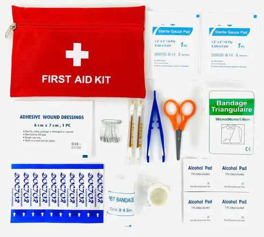 Red outdoor survival first aid kit by Mead's Supply & Equipment Outfitters, containing essential first aid supplies for emergencies
