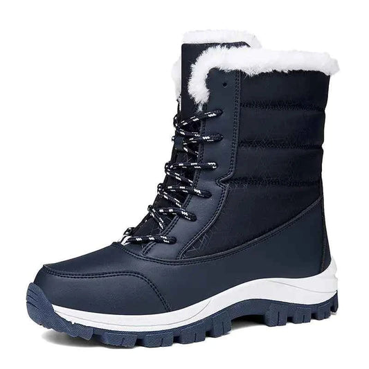 Women's high-top cotton winter boots by Mead's Supply & Equipment Outfitters, blue, warm hiking and snow footwear with rugged soles.