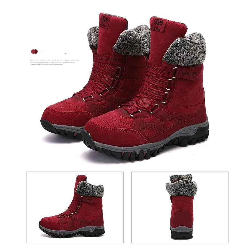 Women's winter outdoor snow boots by Mead's Supply & Equipment Outfitters, in rose red, designed for hiking and skiing.