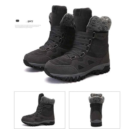 Women's winter outdoor snow boots by Mead's Supply & Equipment Outfitters, featuring rose-red waterproof footwear for hiking and skiing.