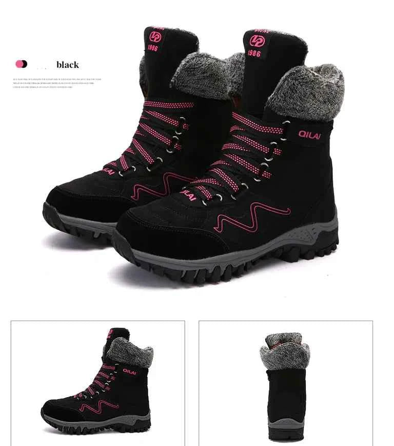Women's winter outdoor snow boots by Mead's Supply & Equipment Outfitters in rose red, designed for hiking and skiing.
