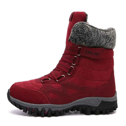 Rose red women's winter snow boots by Mead's Supply & Equipment Outfitters for outdoor hiking and skiing, featuring insulated waterproof design.